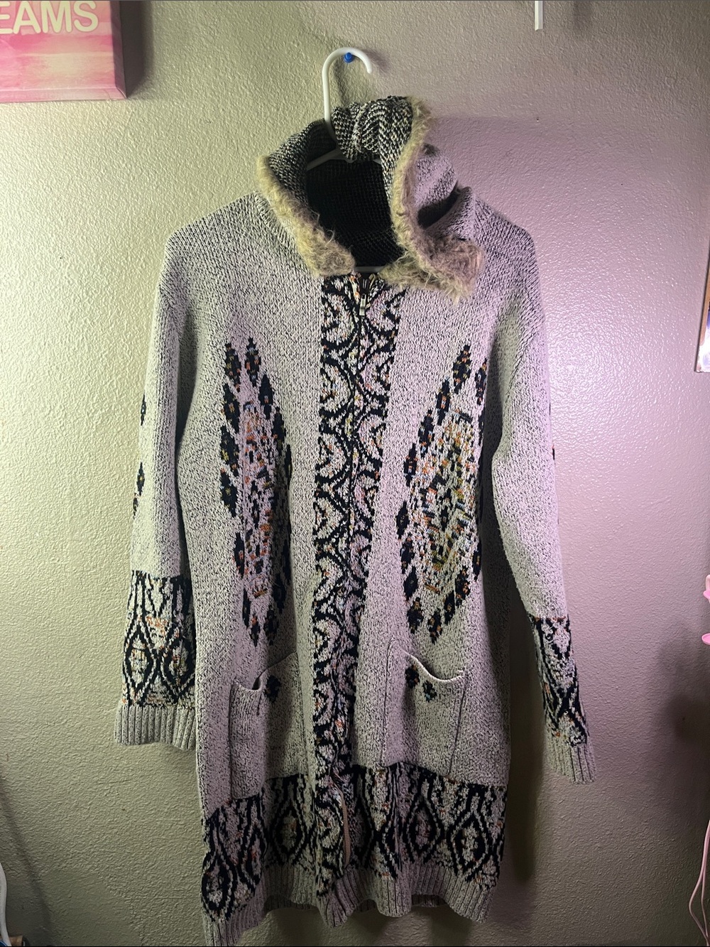 Faux-Fur Trim Cream Patterned Hooded Cardigan Sweater